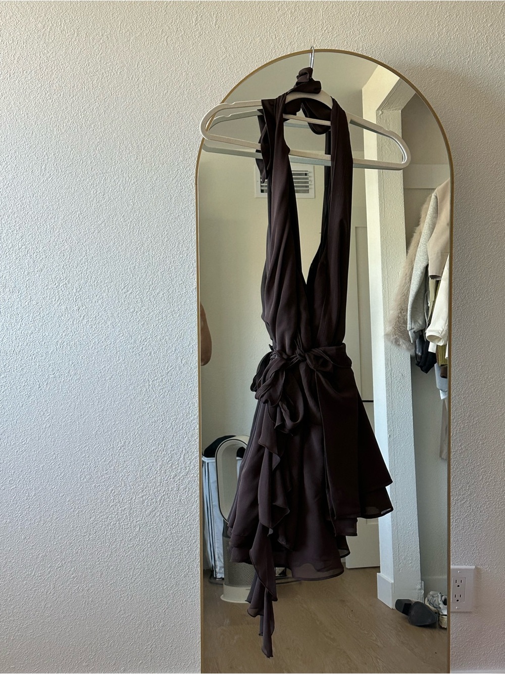 Abercrombie & Fitch One-Shoulder Ruffle Halter Dress in Dark Brown